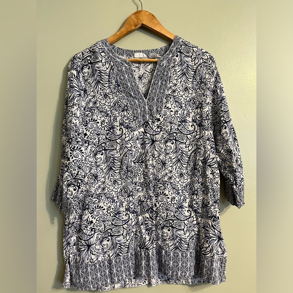 Singrid Olsen Womens 100% Linen Floral White Blue Tunic Top 3/4 Sleeve Sz M